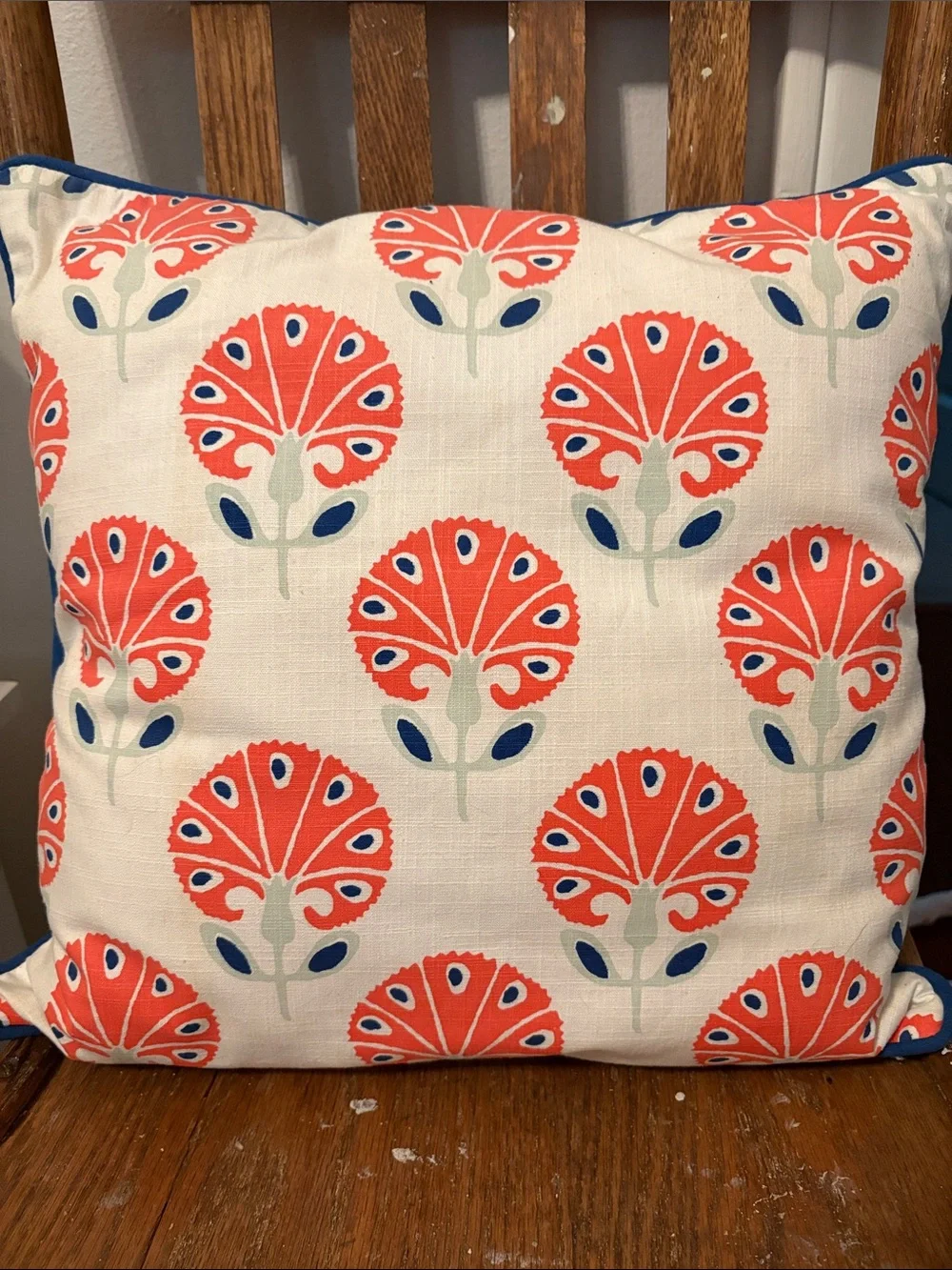 PB Dorm Floral Coral and Navy Decorative 16x16 inches Pillow